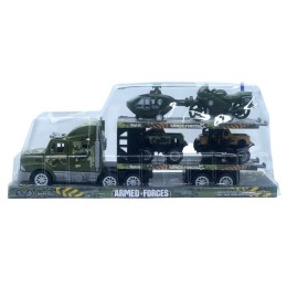 Военный автовоз с вертолётами и джипами на прицепе под колпаком.44*11*18 см.1/36.Арт.LH338J-8